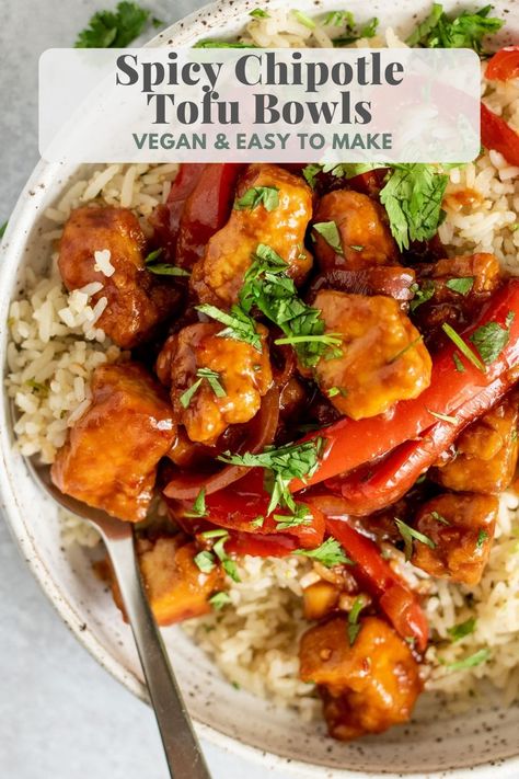 Saucy and Spicy Chipotle Tofu Bowls for a quick and easy weeknight dinner. This meal uses oven roasted crispy tofu tossed in a delicious zesty chipotle lime sauce. Chipotle Tofu Tacos, Tofu Sauces, Chipotle Lime Sauce, Chipotle Tofu, Vegan Entree Recipes, Tofu Bowls, Tofu Bowl, Veggie Bowls, Healthy Vegan Dinner Recipes