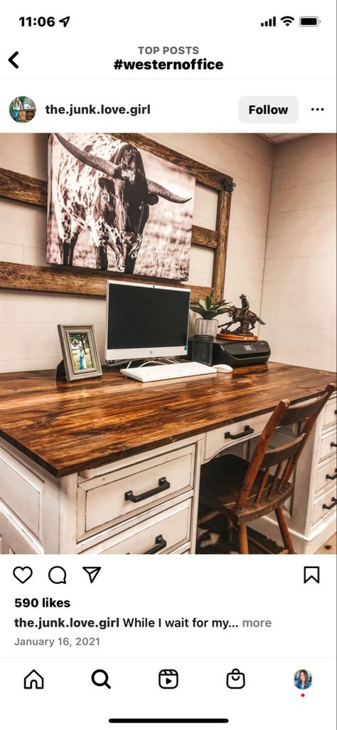 Western Office Desk Decor Ideas, Computer Desk In Master Room, Farmhouse Bedroom With Desk, Modern Western Office Ideas, Western Inspired Office, Boho Western Office Decor, Home Office Western, Western Gaming Setup, Western Desk Ideas