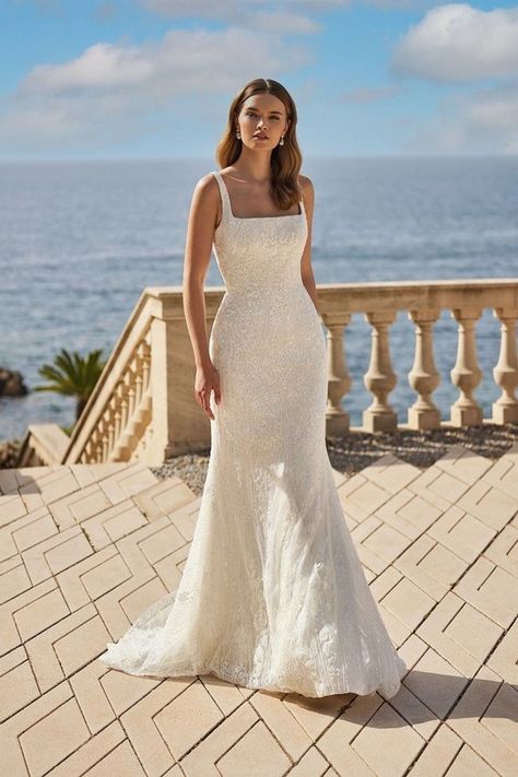 Discover the allure of the Val Stefani Raya wedding gown. This fitted marvel, complete with a tasteful square neckline, exquisite lace work, and a sultry scoop back, can be yours to adore. What's more, its detachable bow train adds an enchanting layer of versatility, allowing every bride to embrace her own style on her special day. #weddingdress #detachableskirt #weddingdressdesigner Wedding Dresses With Small Sleeves, Beaded Square Neckline Wedding Dress, Sheath Square Neck Wedding Dress, Scoop Neck Mermaid Wedding Dress, Mermaid Wedding Dress With Beading, Square Neck Fishtail Wedding Dress, Fit And Flare Wedding Dress Beaded, Wedding Dress Neck Lines, Wedding Dresses Cap Sleeve