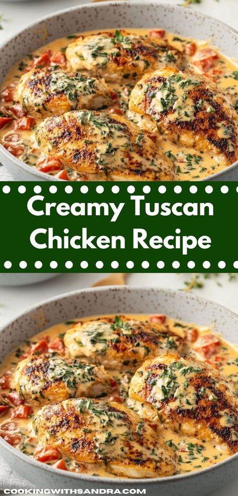 Looking for a flavorful dinner idea? This Creamy Tuscan Chicken recipe is a delightful blend of sun-dried tomatoes and spinach, creating a delicious dish that’s quick to prepare and perfect for family dinners. Tuscan Chicken With Spinach, Chicken Spinach Recipes, Creamy Tuscan Chicken Recipe, Chicken Breast Pasta, Tuscan Chicken Recipe, Creamy Spinach Chicken, Chicken With Spinach, Best Chicken Dishes, Sundried Tomato Chicken