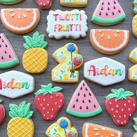 Twotti Frutti Cookies, Fruit 2nd Birthday Party, Two Tti Frutti Birthday Party Decor, Fruity Twotti Birthday, Twotti Fruitti Birthday Party, Two Tutti Fruity Birthday, Tutti Frutti Cookies, Twotti Fruitti Birthday Party Girl, Twotti Fruity Cookies