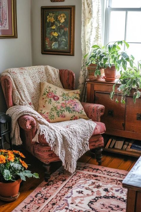 "Elevate your home with the whimsical charm of a Cozy Cottagecore Living Room! 🛋️🌸 Perfect for creating a space that feels both cozy and enchanting. 🌟✨ #CottagecoreDecor #CozySpaces #LivingRoomStyle" Whimsical House Interior Design, English Cottage Apartment, Whimsical Cottage Living Room, Small Living Room Cottagecore, Whimsical Cottagecore Bedroom, Living Room Whimsical, Cottagecore House Living Room, English Cottage Style Apartment, Small Apartment Cottagecore