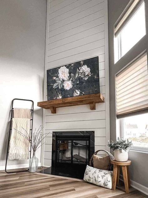 27 Gorgeous Shiplap Fireplaces Bedroom Vertical Shiplap, Corner Fireplace Shiplap, White Fireplace Wall, Brick And Shiplap Fireplace, Brick And Shiplap, Diy Shiplap Fireplace, Farmhouse Shiplap, Spec House, Golden Lake