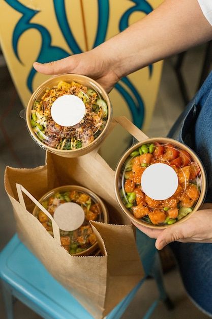 Delivery of biodegradable containers wit... | Premium Photo #Freepik #photo #healthy-meal #lunch #salad #food-bowl Photo Food Ideas, To Go Food Photography, Delivery Food Photography, Food Delivery Photography, Takeaway Food Photography, Food Delivery Aesthetic, Meal Box Packaging, Salad Branding, Bowls Photography