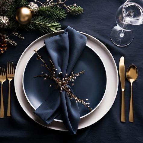 Navy Blue Christmas Decor Table Settings, Blue And Silver Dinner Table Setting, Christmas Navy Blue Decor, Navy And Silver Christmas Table, Christmas Tablescapes Blue, 2024 Christmas Table Decor, Navy Place Setting, Blue Silver Christmas Table, Navy Blue Party Ideas