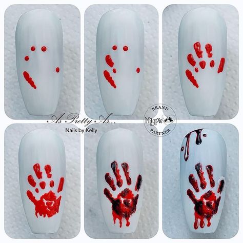 Kelly Scothorn on Instagram: "Bloody Handprint🩸🖐 A quick simple pictorial for creating a blood dripped handprint. Using #everythingmagpie #magpiebeauty @magpie_beauty #asprettyas_nailsbykelly #magpiebrandpartner #pictorial #nailpictorial #stepbystep #nailart #handprint #nailpromagazine #nailitmedia #nailsmagazine #scratchmagazine #halloweennailsdesign #halloweennails #bloodyhandprint #halloweenpictorial #nailstepbystep #nailtutorial #magpiebeautyusa #magpiebeautynz #magpiebeautycanada #ma Easy Horror Nails Designs, Halloween Gore Nails, Halloween Nail Designs Blood, Almond Nails Designs Halloween, Horror Halloween Nails, Killer Clown Nails, Haunted Nails, Saw Nails Halloween, Easy Halloween Nail Designs Step By Step