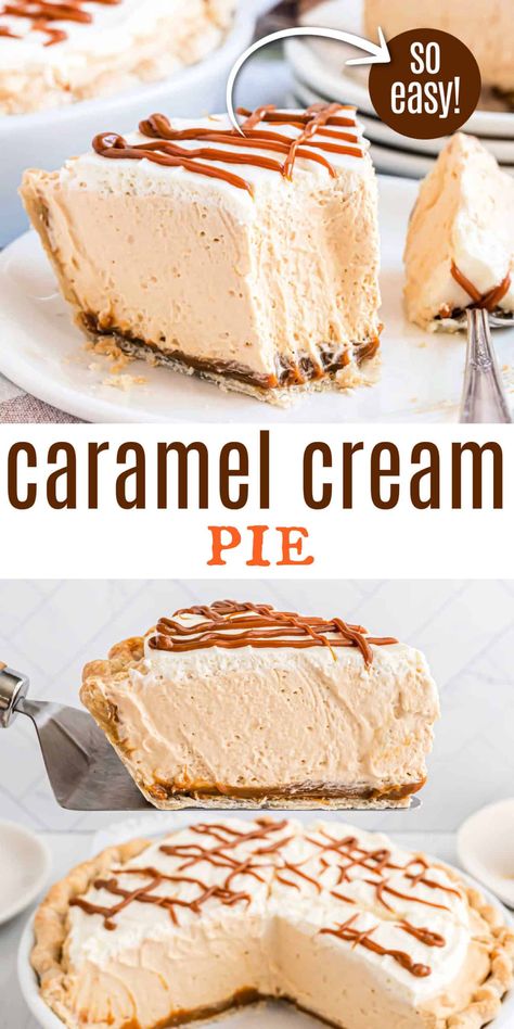 Looking for the perfect holiday pie? This Caramel Cream Pie is delicious with a creamy caramel cheesecake filling, topped with whipped cream and dulce de leche. Toffee Cream Pie, Caramel Creme Pie, Carmel Cream Pie Recipe, Caramel Cream Pie Recipe, Carmel Pie Recipes Easy, Vanilla Cream Pie Recipes, Carmel Pie Sweetened Condensed Milk, Caramel Pie Condensed Milk, Easy Caramel Pie