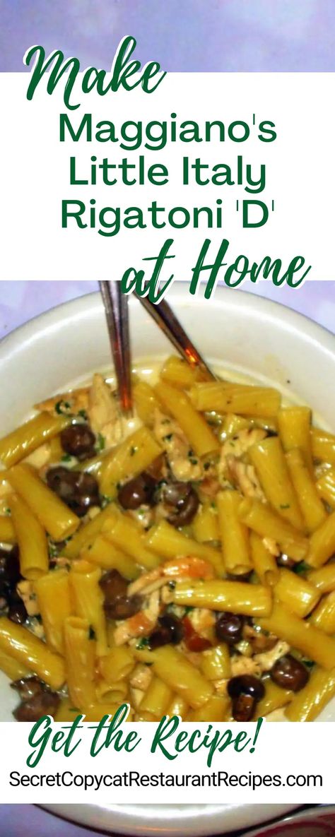 Maggiano's Little Italy Famous Rigatoni 'D' Recipe - Secret Copycat Restaurant Recipes Bravo Italian Restaurant Recipes, Maggianos Rigatoni D Copycat, Rigatoni D Maggianos Recipe, Maggianos Recipes, Maggianos Copycat Recipes, Rigatoni D Recipe, Rigatoni D, Italy Recipes, Restaurant Recipes Famous