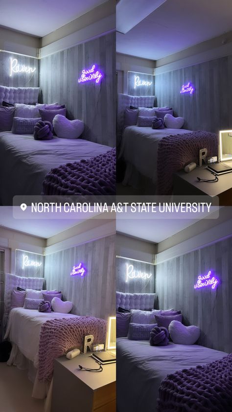 Purple Room Theme Ideas, Grey And Purple Dorm Room, College Apartment Bedroom Decorating Small Rooms Organization Ideas, Grey Dorm Aesthetic, Lavender And Grey Dorm Room, Black And Purple Dorm Room Ideas, Luxury Dorm Room Aesthetic, Pretty Dorm Room Aesthetic, Silver Dorm Room Ideas