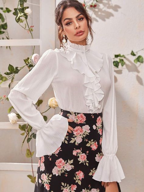 Ruffle Trim Frill Neck Flounce Sleeve Blouse | SHEIN USA Long Blouse Outfit, Ruffle Blouse Outfit, Red Shirt Outfits, Fall Blouses, Long White Blouse, White Blouse Dress, White Ruffle Shirt, Ruffle Outfit, Happy Dresses