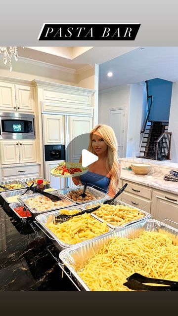 Macy Blackwell on Instagram: "Pasta Bar!🍝🥖🥗 A fun dinner idea for summer nights! When I was a kid a local restaurant would have a pasta bar once a week, and I wanted to recreate it at home! Also great for summer gatherings, and you’ll have leftovers to eat on all week! Here’s what we used:  Pasta: Spaghetti, Rigatoni, Penne Meat: Meatballs & Shrimp Sauce: Marinara, Alfredo, Spicy Vodka Toppings: Shredded Parm, Grated Parm, Red Pepper Flakes  Sides: Cesar Salad, Garlic Bread, Breadsticks   #summerideas #dinnerideas #summerdinner #pastabar #familyfun" Pasta Station Ideas Food Bars, Food Ideas To Feed A Large Group, Catering Pasta Ideas, Pasta Bar At Wedding Reception, Pasta Bar For A Crowd, Pasta Bar Ideas Buffet Graduation, Create Your Own Pasta Bar, Birthday Pasta Bar, Italian Pasta Party Ideas