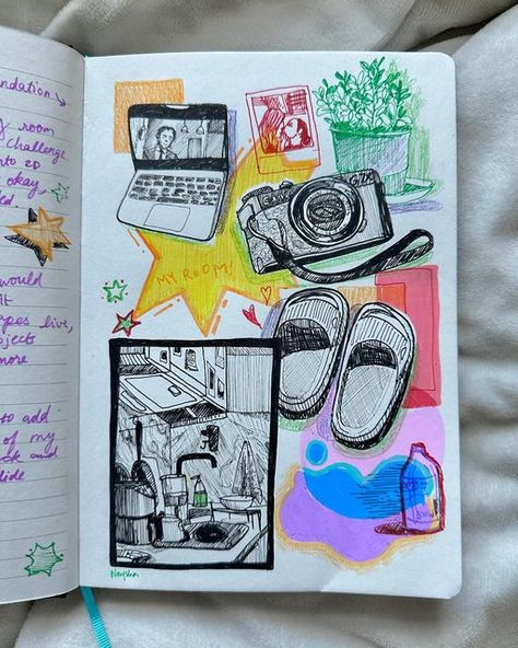 naysha satyarthi on Instagram: "started a new journal, I’m not sure i like the personality I’ve chosen for this journal but hey not a bad first page right??? A little break from my painting posts hope yall don’t mind👉🏽👈🏽 #sketch #sketches #doodle #draw #drawing #art #artist #artsy #aesthetic #aesthetics #journal #journaling #notes #london #londonart" Drawing Of A Journal, Journal Ideas Sketch, Lenanorah Journal, Art Journal First Page, Diary First Page, Sketch Book First Page, First Page Of Diary Ideas, Sketchbook First Page Ideas, Journal First Page Ideas