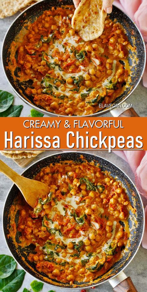 Prepare a cozy harissa chickpea stew that's comforting and delicious! This one-pot meal is packed with protein and fiber, thanks to chickpeas simmered in a creamy, spicy tomato harissa sauce with spinach. Harissa Chickpeas, Ella Vegan, Vegan Chickpea Recipes, Harissa Sauce, Harissa Recipes, Viral Recipes, Spiced Chickpeas, Chickpea Stew, Vegan Side Dishes