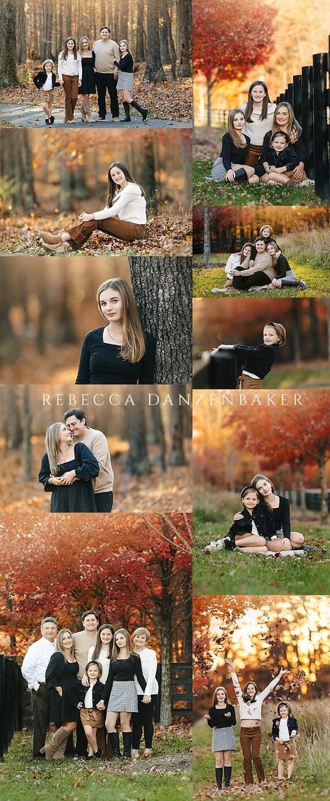 collage from Family photo session in the late fall with red and orange leaves. Blended Family Pictures Poses, Big Family Holiday Photos, Diy Fall Pictures Family, Fall Family Photos Large Family, Fall Family Photos Teenage, Family Fall Photoshoot With Teenagers, High Fashion Family Photoshoot, Diy Fall Family Photo Shoot, Family Photo Fall Ideas