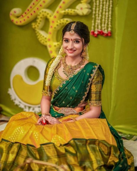 Half Saree Function, Haldi Outfits, Latest Bridal Blouse Designs, Haldi Outfit, Bridal Sarees South Indian, Half Saree Lehenga, New Saree Blouse Designs, Wedding Saree Blouse Designs, Lehenga Designs Simple