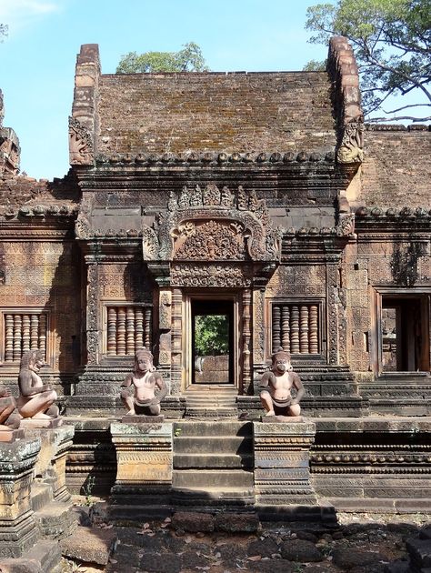 Banteay Srei (Banteay Srey)a 10th c.temple of Khmer architecture dedicated to the Hindu god Shiva.Angkor in Cambodia,25 km north-east of the main group of temples that once belonged to the medieval capitals of Yasodharapura&Angkor Thom.Angkor-the region of Cambodia serving as the seat of the Khmer empire that flourished from c.the 9th c.to the 15th c.The temples of the Angkor area number over 1000. Khmer Architecture, Angkor Wat Cambodia, Indian Temple Architecture, Angkor Wat Temple, Khmer Empire, Siem Reap Cambodia, Temple Architecture, Siem Reap, Hindu Temple