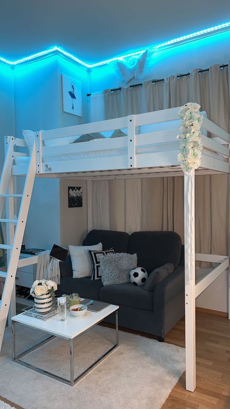 Cute Room Ideas Aesthetic Bunk Beds, Loft Bed With Couch Under, Ikea Stora Loft Bed Hack, Loft Room Decor Ideas, High Bed Ideas, Loft Bed Aesthetic Room, Bedroom Ideas Loft Bed, Loft Bed Bedroom Ideas, Woodworking Plans For Beginners