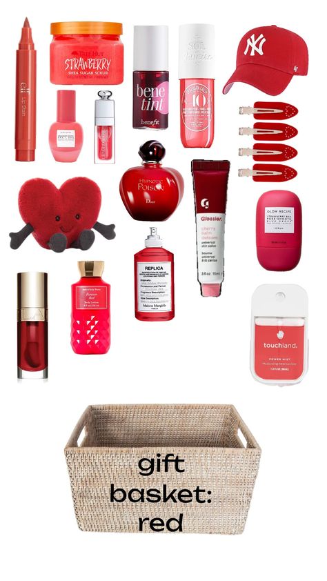 gift basket inspo! #red #giftbasket #inspo #trend #aesthetic Burgundy Basket Ideas, Red Birthday Gifts, What To Put In Baskets For Decor Bedroom, Red Birthday Basket, Red Basket Gift Ideas, Valentines Baskets Ideas, Red Themed Gift Basket, Red Gift Box Ideas, Target Gift Basket Ideas