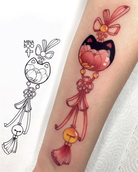 Cute Japanese Tattoo, Japanese Charm Tattoo, Omamori Tattoo Design, Omamori Tattoo, Unique Minimalist Tattoo, Gotik Tattoo, Charm Tattoo, Sakura Tattoo, Kawaii Tattoo