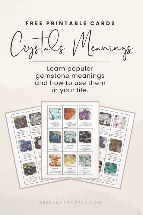 Are you looking to expand your knowledge of crystal healing stones to get the most out of your raw gemstone jewelry? This free printable healing crystals meanings for beginners includes popular crystals and gemstones meanings cards, affirmations, and how to use them in your everyday life. Click through to get this healing crystal guide, so you can start your self care therapy and spirituality journey today! Crystals And Their Meanings, Free Crystal Printables, Free Printable Crystal Meaning Cards, Llanite Meaning Crystal Healing, Ukanite Crystal Meaning, Carborundum Crystal Meaning, Crystal Information Cards, Crystal Meanings Charts, Crystal Identification