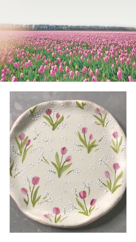 Diy Clay Dish Aesthetic, Painting Flowers On Ceramics, Pottery Painting Mother’s Day, Painted Pottery Jewelry Dish, Tulip Ceramic Painting, Tulips Pottery Painting, Vintage Painted Pottery, Hydrangea Pottery Painting, Flowers Ceramic Painting