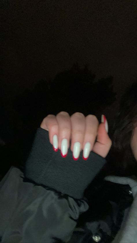 White and red french nails White Red French Nails, White And Red French Nails, Red White French Nails, White Nails Red Tips, White Nails With Red French Tip, Red And White French Nails, White And Red French Tip Nails, Red And White French Tip Nails, Red French Nails