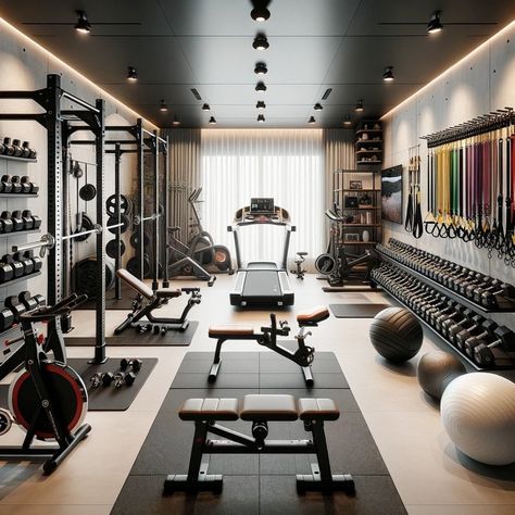 High End Home Gym, Narrow Home Gym, Gym Room At Home Luxury, Dream Home Gym Luxury Fitness Rooms, Gym In Garage, Luxury Gym Interior, House Gym Ideas, Modern Gyms, Modern Gym Interior Design