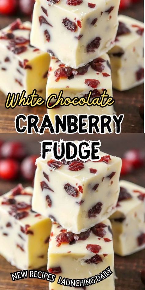 This White Chocolate Cranberry Fudge combines the creamy richness of white chocolate with the tartness of dried cranberries, creating a perfect balance of flavors. The fudge is incredibly smooth and velvety, melting in your mouth with every bite. The addition of cranberries not only adds a pop of festive color but also provides a burst of fruity goodness. White Chocolate Cranberry Fudge, Chocolate Fudge Recipes Easy, Dried Cranberries Recipes, White Chocolate Fudge Recipes, Cranberry Fudge, Milk Chocolate Fudge, Homemade Fudge Recipes, Chocolate Cranberry, White Chocolate Fudge