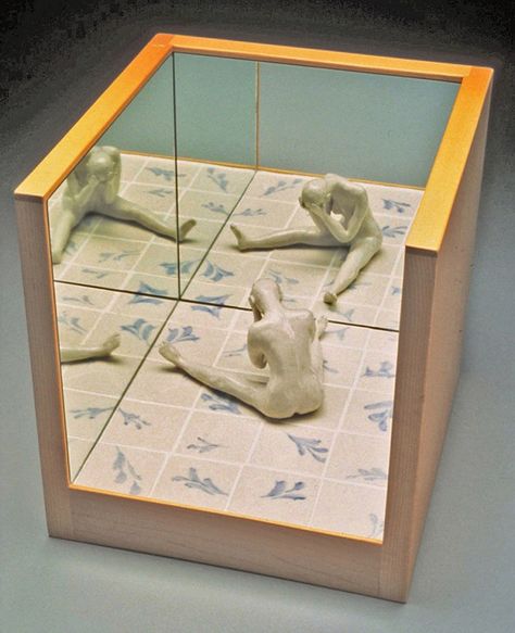 COILLE MCLAUGHLIN HOOVEN – “Despair” 1993, porcelain, mirror, wood, figure Box Sculpture Art, Mirror Art Ideas, Art With Mirrors, Clay Box Ideas, Mirror Sculpture, Mirror Drawing, Paint Sculpture, Clay Objects, Porcelain Mirror