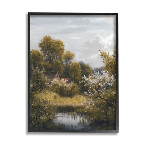 Vintage Cottage Painting, Old Cottage Painting, Victorian Landscape Paintings, Pond Landscape, Office Frames, Vintage Winter Landscape Paintings, Cottage Backyard, Vintage Countryside Painting, Backyard Pond