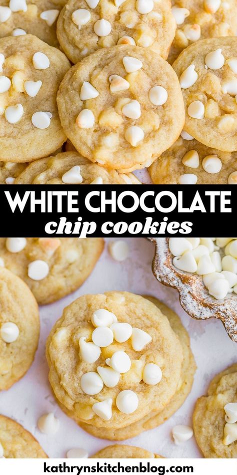 Soft White Chocolate Chip Cookies (One Bowl Recipe) White Chocolate Chips Recipes, Cookie Store, White Chocolate Recipes, Bakery Items, White Chocolate Chip, Bake Goods, White Chocolate Chip Cookies, Semi Homemade, Chocolate Chip Recipes