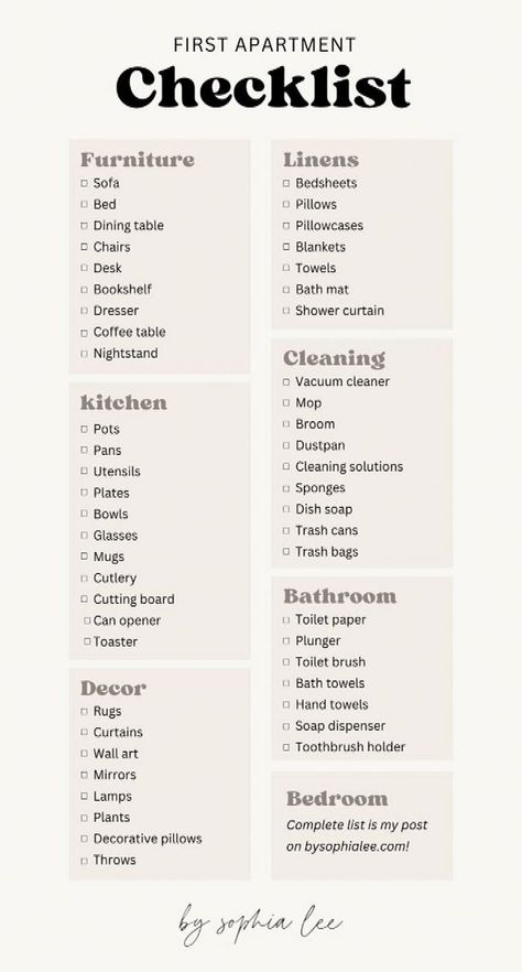 After I moved, my friends started moving out too and I’ve sent this first apartment checklist to all of them. They always ask my for my first apartment tips and this is the number #1 recommendation - know which first apartment essentials you need! #and #InteriorDesign #HomeIdeas #Apartment #HomeStyle #Space #Living #HomeDecor #Ideas #Tips #Your #DecorTips #Elevate #Decor Apartment Checklist Minimalist, Beginner Apartment Decor, First Apartment Move In Checklist, New Apartment Organization Ideas, Buying First Apartment Aesthetic, Cute First Apartment Ideas, Moving Out Checklist Apartments, Move Out Essentials, Essentials For Moving Into An Apartment