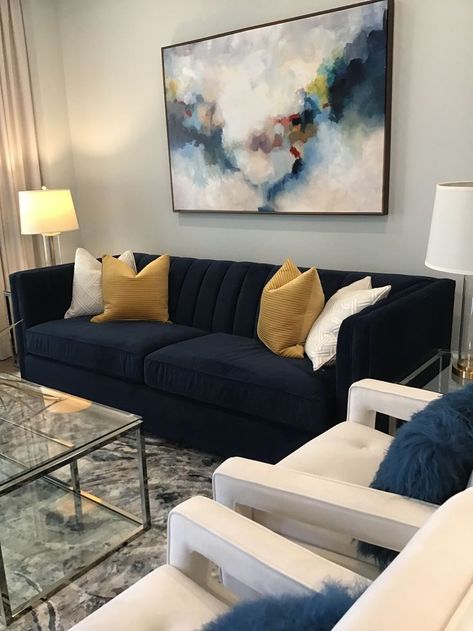 Blue Navy Couch Living Room, Living Room With Navy Blue Velvet Sofa, Blue Black Sofa Living Room, Blue Couch Design Living Room, Blue Navy Living Room Decor, Black Gold Navy Living Room, Blue Velvet Sofa Lounge, Black Velvet Sofa Decor, Navy Apartment Living Room