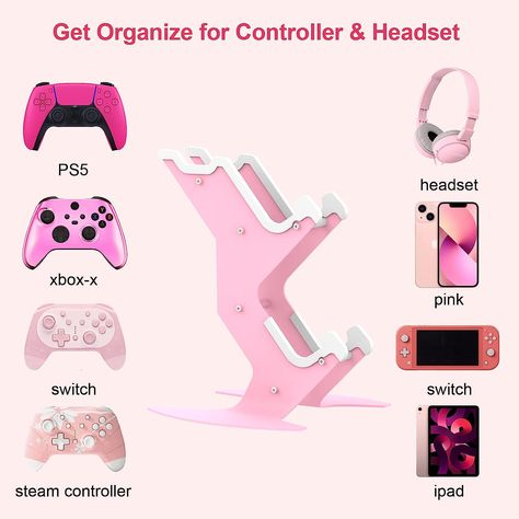 Pink Gaming Headset, Pink Gaming Accessories, Xbox Controller Holder, Xbox Setup, Ps5 Aesthetic, Pink Headset, Pink Controller, Gaming Entertainment Center, Games Room Inspiration