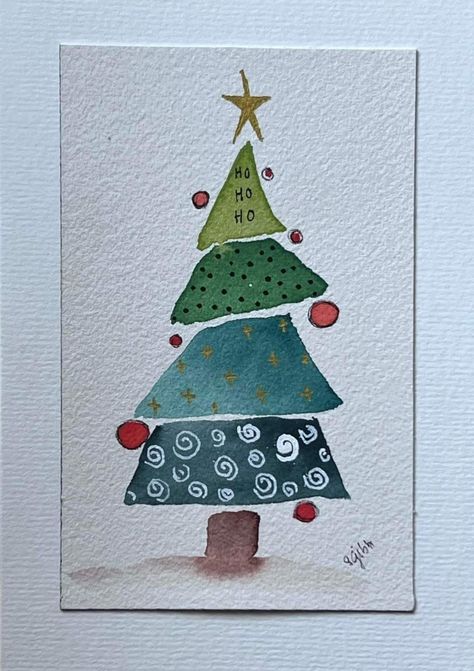 Xmas Tree Watercolor, Waterpaint Christmas Card, Christmas Card Watercolours, Watercolor Christmas Cards Ideas Simple Diy, Easy Water Colour Christmas Cards, Quirky Watercolor Paintings, Christmas Easy Watercolor, Simple Painted Christmas Cards, Christmas Card Watercolor Easy