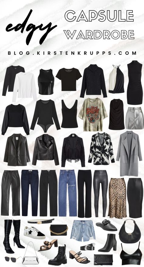 Building an Edgy Capsule Wardrobe: Top Picks for Effortless Cool » Kirsten Krupps Edgy Fall Capsule Wardrobe, Rockstar Capsule Wardrobe, Edgy Winter Capsule Wardrobe, Casual Edgy Capsule Wardrobe, Edgy Work Capsule Wardrobe, Edgy Wardrobe Capsule, Alternative Fashion For Women Over 30, Rocker Capsule Wardrobe, Edgy Capsule Wardrobe 2024