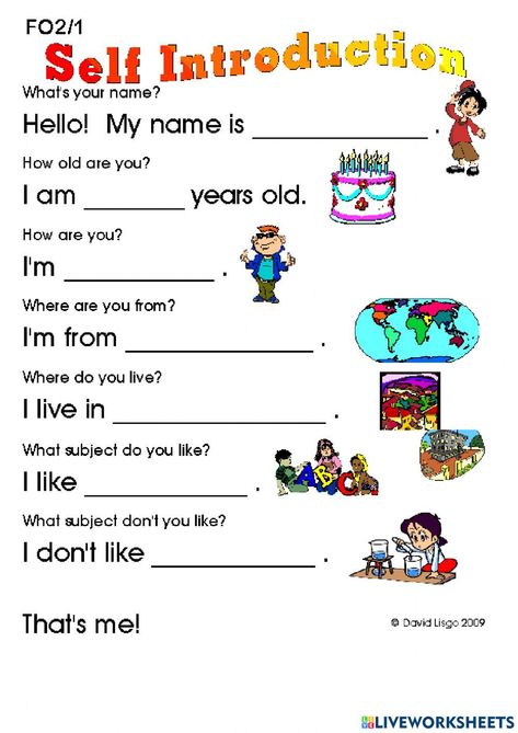 All About Me Worksheet, English Exercises, Learning English For Kids, English Grammar Worksheets, Introduce Yourself, English Worksheets For Kids, Kids English, English Lessons For Kids, Classroom Language