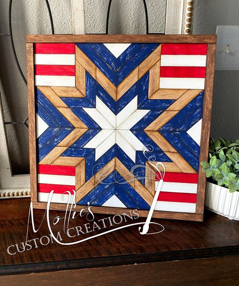 Patriotic 4th of July Crafts: Fun DIY Projects for the Whole Family Wood Sign Diy, Wood Quilt Block, Flower Snowflake, Americana Farmhouse, Quilt Star, Wood Quilt, Wood Art Diy, Painted Barn Quilts, Barn Signs