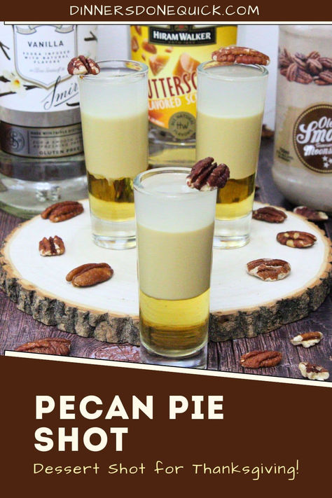 Serve up this sweet and festive Pecan Pie Shot at your Thanksgiving or holiday parties! Made with vanilla vodka, Ole Smoky butter pecan moonshine, and butterscotch schnapps, this layered shot captures the flavors of a classic pecan pie. It's the perfect dessert shot to impress your guests and toast the holiday season. Easy to prepare and even easier to enjoy, this is a must-have addition to your holiday drink lineup! #PecanPieShot #ThanksgivingCocktails #HolidayShots #DessertShots #FallCocktails Pecan Vodka Recipes, Pecan Pie Shots, Alcohol Thanksgiving Drinks, Alcohol Desserts Easy, Sweet Shots Alcohol, Thanksgiving Liquor Drinks, Thanksgiving Shots Recipes, Dessert Shots Alcoholic, Thanksgiving Pudding Shots