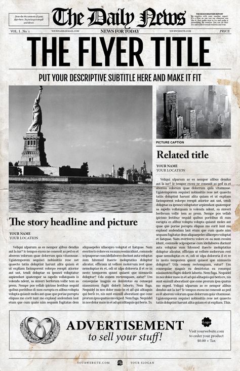 Ad: 2x1 Page Newspaper Template Indesig… by Newspaper Templates on @creativemarket. Description You can create your own newspaper front page with these two old style newspaper templates. Perfect for home printing and fun #creativemarket News Paper Template, News Paper Background, Old News Paper, Newspaper Article Template, Blank Newspaper, Newspaper Design Layout, Kertas Vintage, Article Template, Newspaper Background