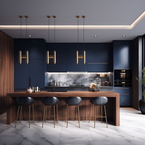 Blue Kitchen Interior, Apartment Girly, Navy Blue Kitchen Cabinets, Dark Blue Kitchens, Women Cave, Blue Kitchen Designs, Baddie Room, Navy Blue Kitchen, Blue Kitchen Cabinets