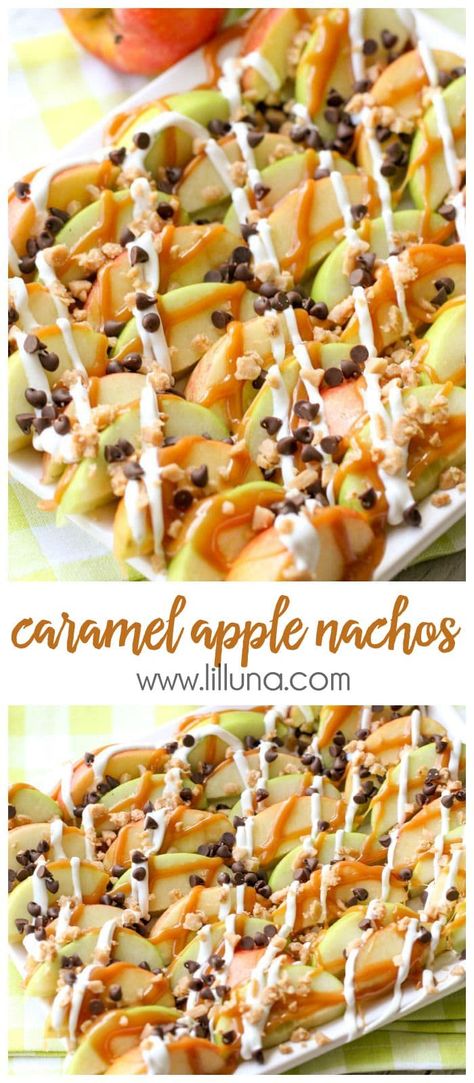 These Caramel Apple Nachos are an easy treat perfect for movie nights and get togethers. Sliced apples drizzled in caramel and white chocolate, and topped with chocolate chips and toffee bits - it tastes just like a caramel apple, but simpler to make! #caramelapplenachos #caramel #applenachos #dessertnachos #fruitydesserts Caramel Apple Nachos, Halloween Finger Foods, Apple Nachos, Movie Night Snacks, Toffee Bits, Desserts Easy, Night Snacks, Diy Spring, Caramel Apple