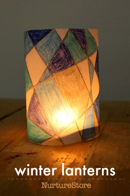 Winter paper lantern craft project using cool colors and winter skyline art - NurtureStore Candle Projects Craft Ideas, Easy Lantern Craft, Winter Solstice Lanterns For Kids, Christmas Lantern Craft, Winter Solstice Crafts For Kids, Light Crafts For Kids, Winter Solstice Crafts, Winter Lanterns, Paper Lantern Craft