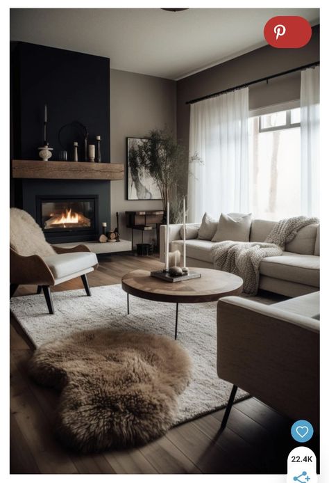 Modern Cozy Minimalist Living Room, Hygge Living Room Rugs, Large Living Room Ideas With Fireplace, Dark Cozy Living Room Ideas, Dark Scandinavian Living Room, Cosy Modern Living Room, Moody Neutral Living Room, Cosy Living Room Ideas Warm Colours, Scandinavian Living Room Nordic Style