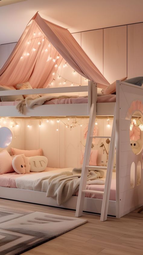 Bed For Girls Room, Girls Bunk Beds, Bunk Bed Rooms, Kids Room Bed, Luxury Kids Bedroom, Kids Room Interior Design, Scandinavian Nursery, Kids Room Lighting, Toddler Girl Room