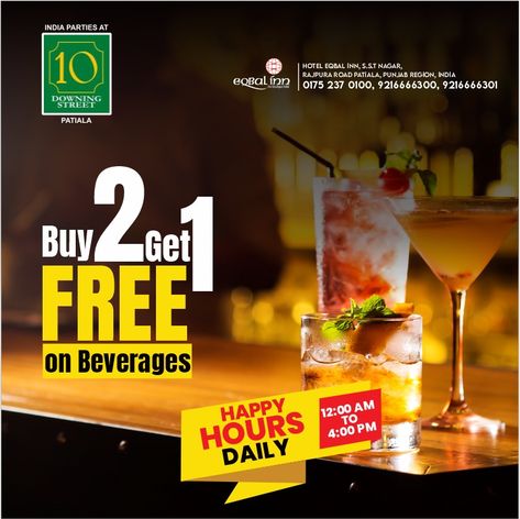 10 downing Street is here to make your happy hours even happier with its Buy 2 Get 1 Free offer on beverages. Visit us between 12 AM to 4 PM daily and avail the offer. #happyhours #beverages #buy2get1free #availtheoffer #celebration #birthdayparties #birthdaycelebration #reception_of_baraat #ringceremony #hotelroom #art #luxury #love #comfort #lifestyle #homesweethome #honeymoonsweet . @officialhoteleqbalinn . #Eqbalinn #partyplace #partyhard #djparty #liveperformance Food Offers Poster, Happy Hours Creative Ads, Buy 1 Get 1 Free Design Poster Food, Food Offer Creative Ads, Buy 1 Get 1 Free Creative Ads, Happy Hours Poster, Buy 2 Get 1 Free Posters Design, Bar Creative Ads, Food Offer Poster Design