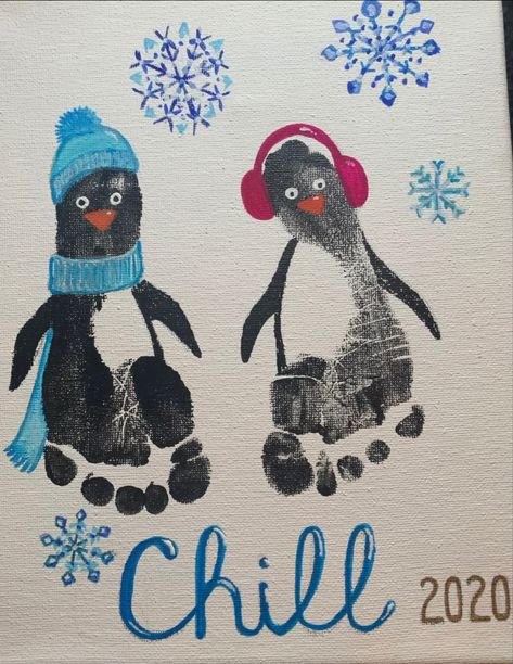 January Baby Craft Ideas, Penguin Handprint Art, Olaf Footprint Art, Christmas Foot And Hand Crafts, Hand Print Penguin, Diy Christmas Footprint Crafts, Snowman Feet Print, Kids Christmas Hand And Footprint Crafts, Baby Foot And Hand Print Christmas