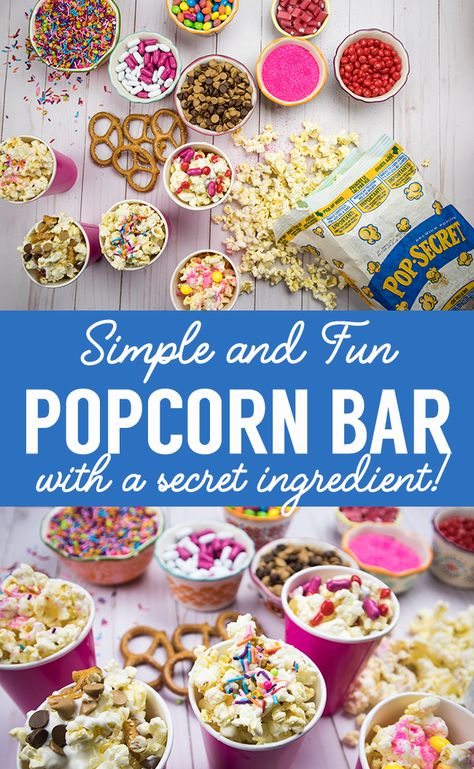 Popcorn Bar Ideas, Popcorn Bar Toppings, Popcorn Bar Party, Diy Popcorn Bar, Diy Movie Night, Birthday Popcorn, Popcorn Toppings, Party Food Bars, Diy Popcorn