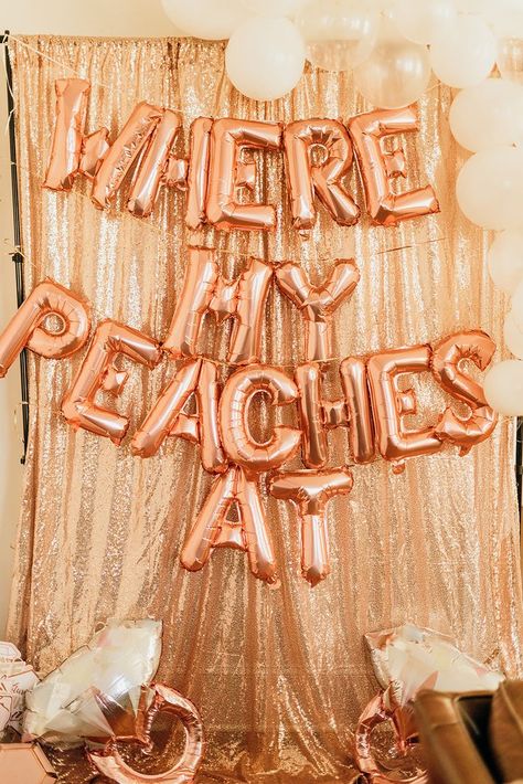 Where my peaches at balloon photo backdrop Savannah Georgia Bachelorette Party, Savannah Georgia Bachelorette, Savannah Bachelorette Party, Savannah Bachelorette, Peach Party Decorations, Bachelorette Party Theme, Bachelorette Party Planner, Bachelorette Inspo, Bach Weekend