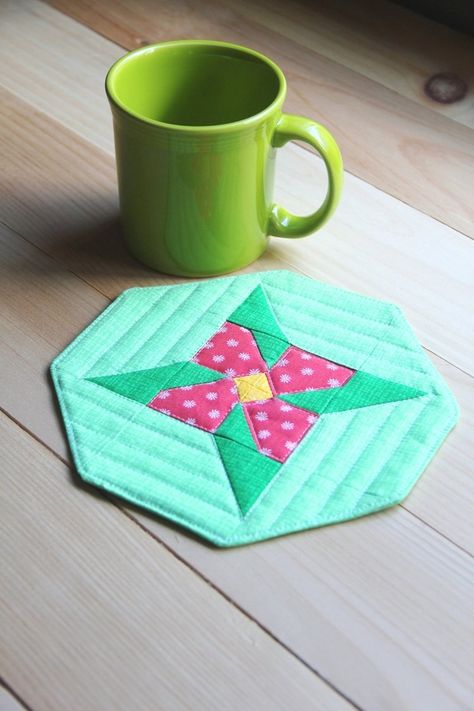 Spring Mug Rugs Patterns Free, Mug Rugs Patterns, Mug Rugs Patterns Free, Recipe Binder Cover, Quilted Postcards, Crafty Staci, Pretty Mug, Rug Flower, Mug Mat